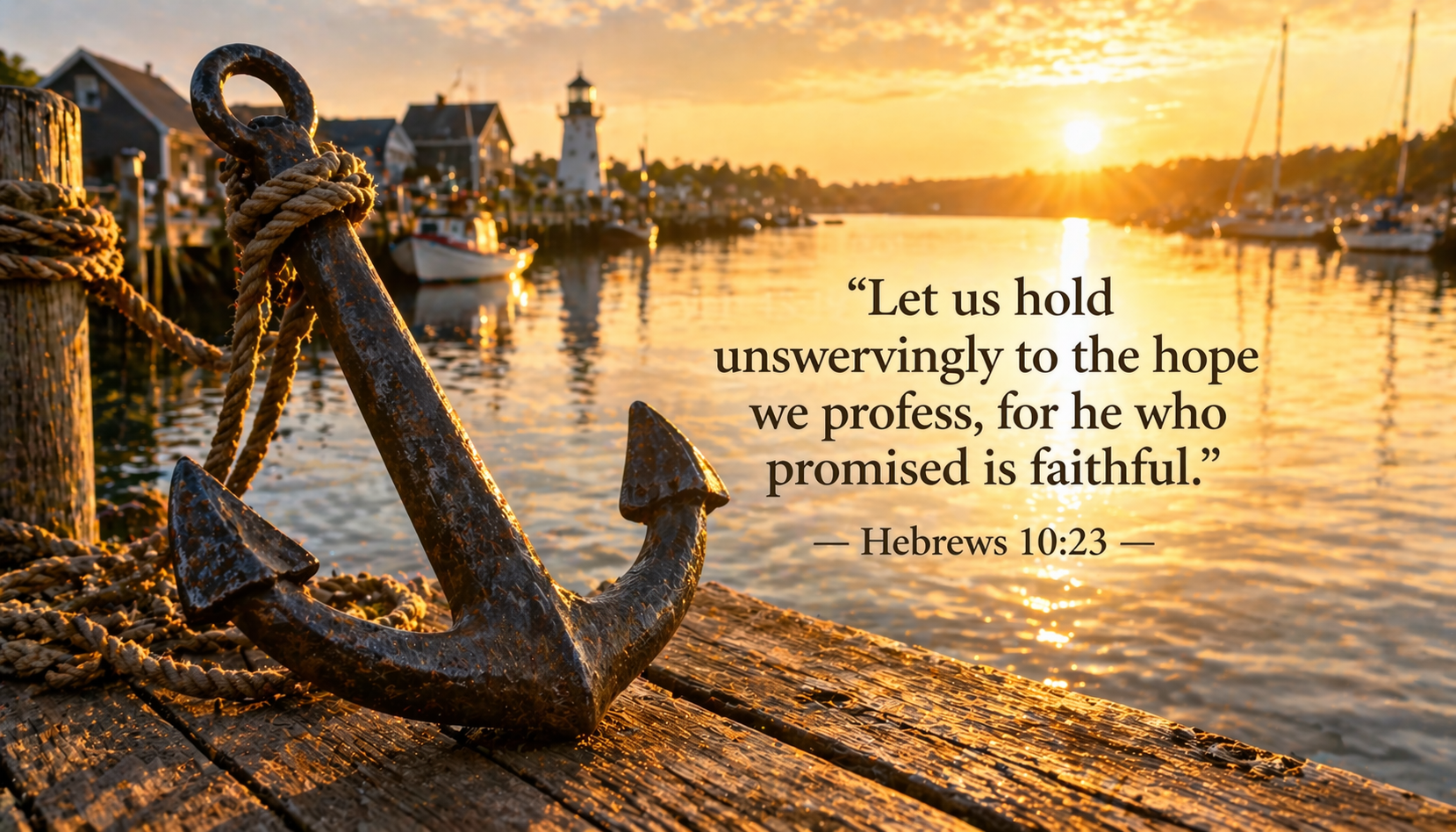 Heavy iron anchor resting on weathered wooden dock peaceful morning harbor golden sunrise reflection calm water lighthouse -- Hebrews 10:23 wallpaper